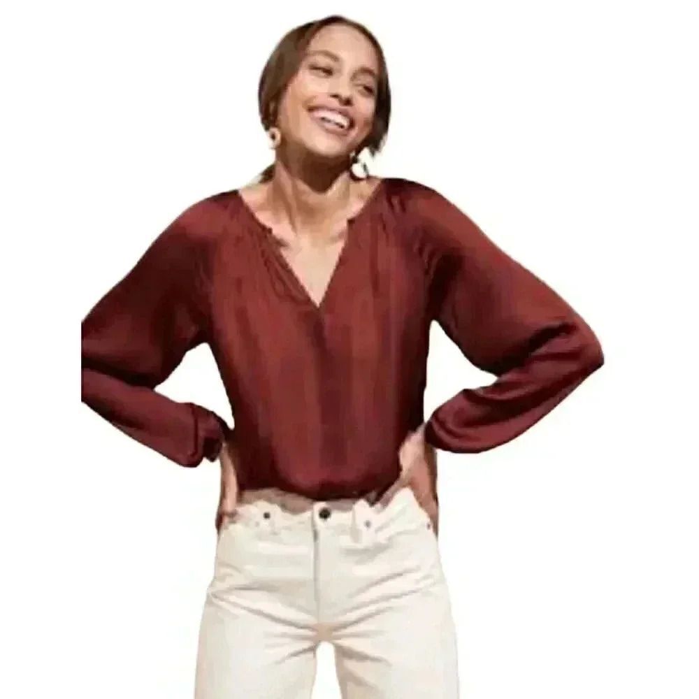 Banana Republic Women's Burnt Caramel Poly Satin Balloon Sleeve Top NEW